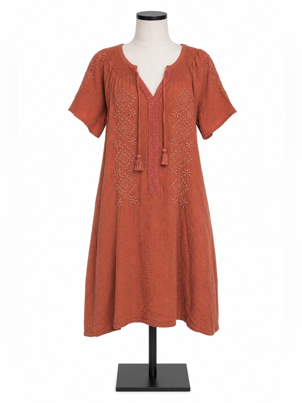 Lucky Brand Womens Dress Sz XS Short Sleeve Cotton Shirtdress Brown Embroidered
